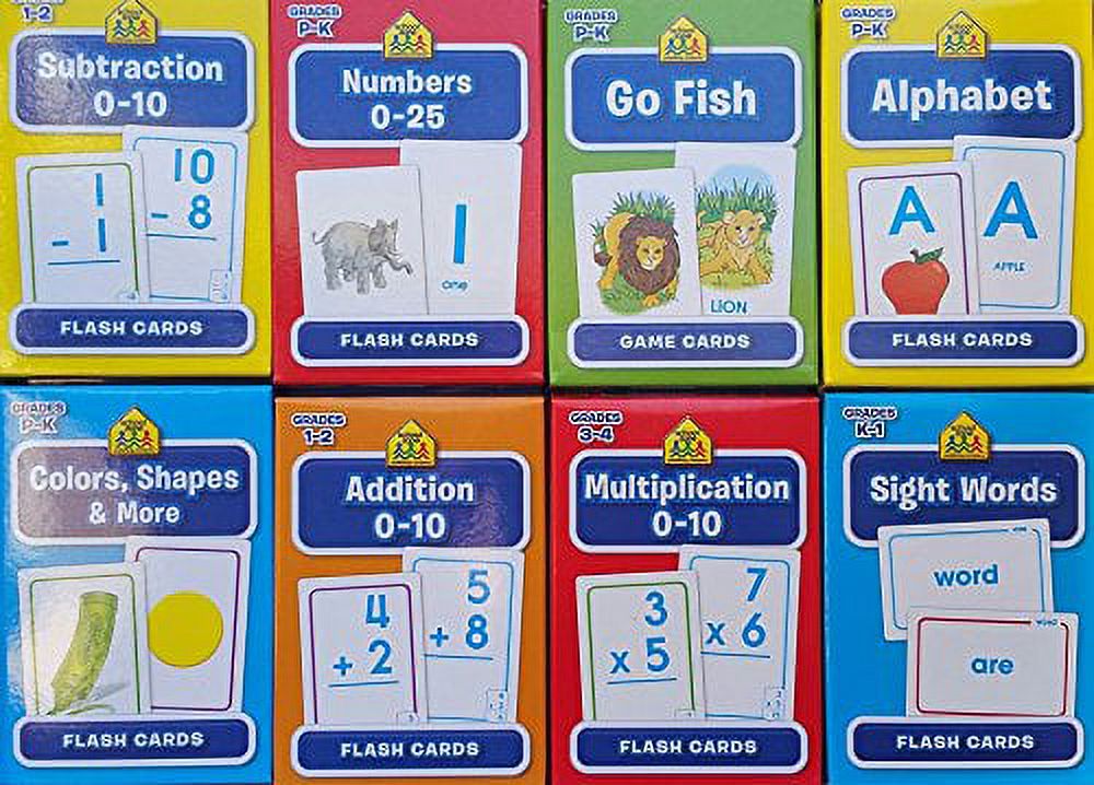 B-THERE Bundle of 8 School Zone Flash Cards, Pre-K - 4th Grade. Sight Words, Subtraction, Multiplication, Go Fish, Addition, Numbers, Colors & Shapes and Alphabet - image 2 of 2