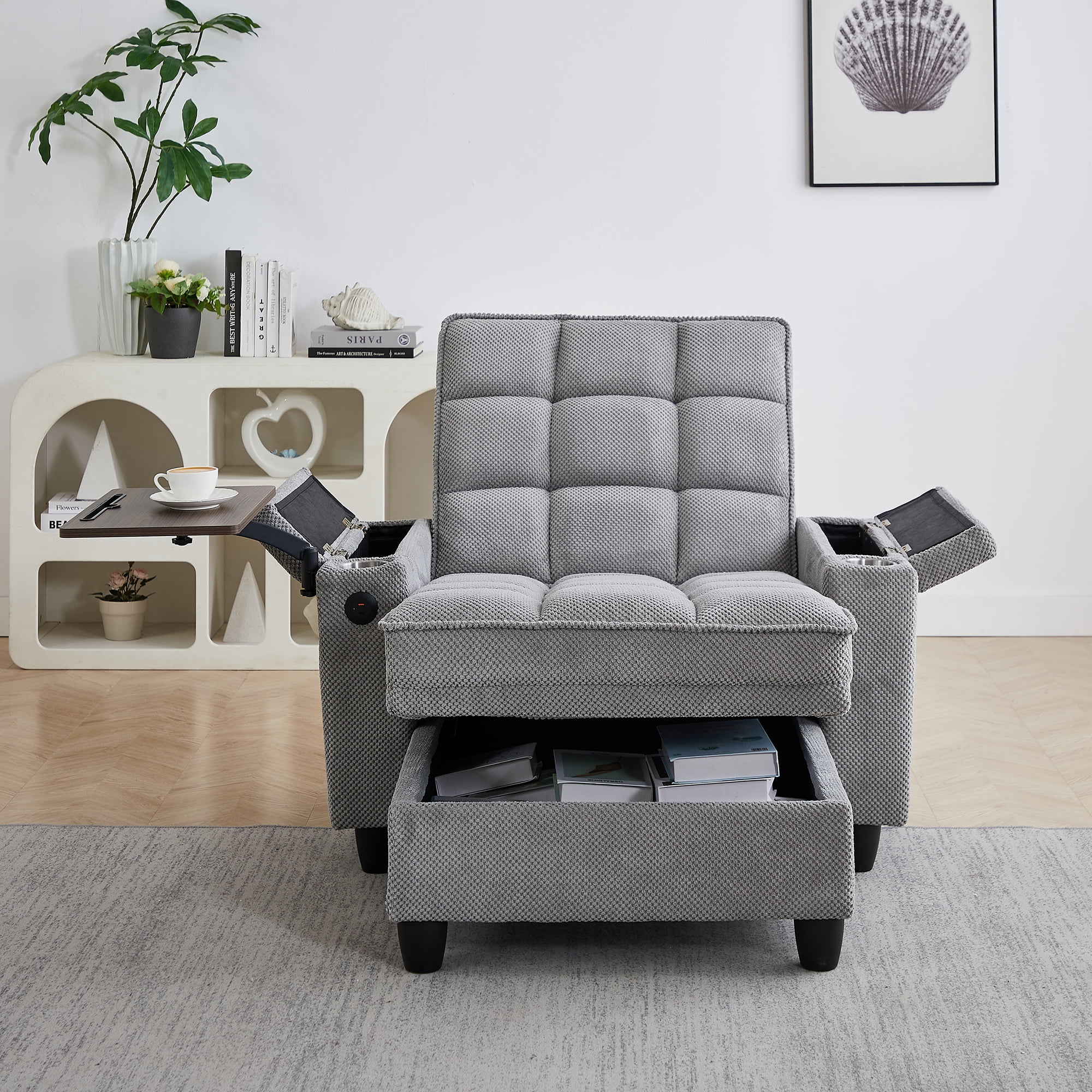 Gewnee 3-in-1 Convertible Sleeper Chair, Pull Out Single Sofa Bed with Adjustable Backrest, 360° Swivel Side Table, USB Charging Ports & Cup Holders, Ideal for Dorms & Offices, Light Gray