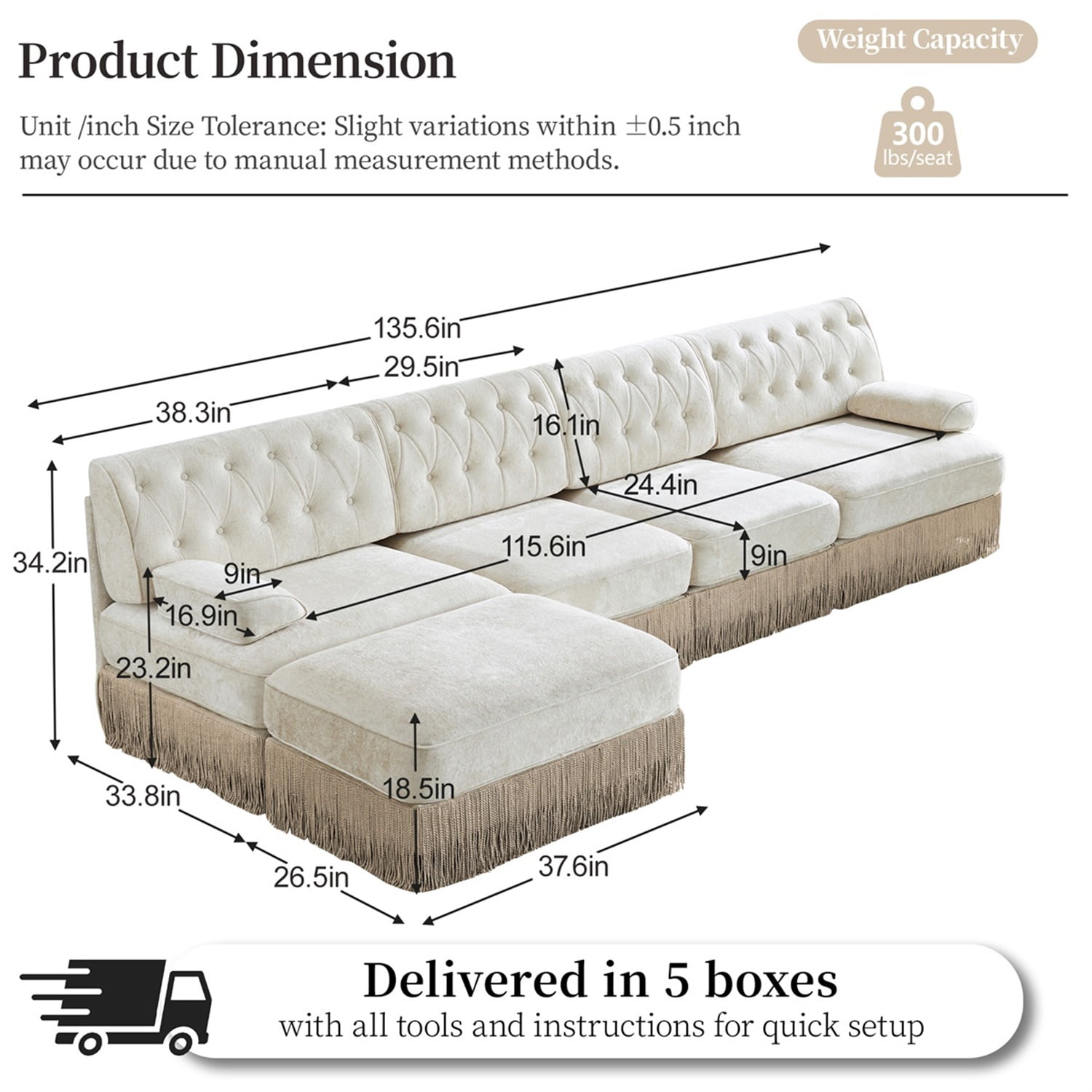 Hommoo 4-Seater Chesterfield Style Velvet Fabric L-Shaped Sectional Sofa, Tufted Button Upholstered Design and Floor-grazing Tassel, Free Combination Sofa Couch Set, for Home, Beige
