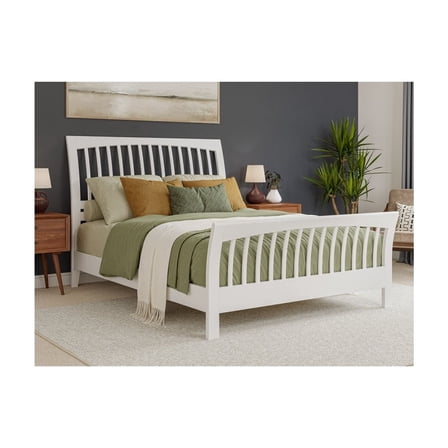 Solid Wood Platform Bed with Footboard, Low Profile Sleigh Bed Frame