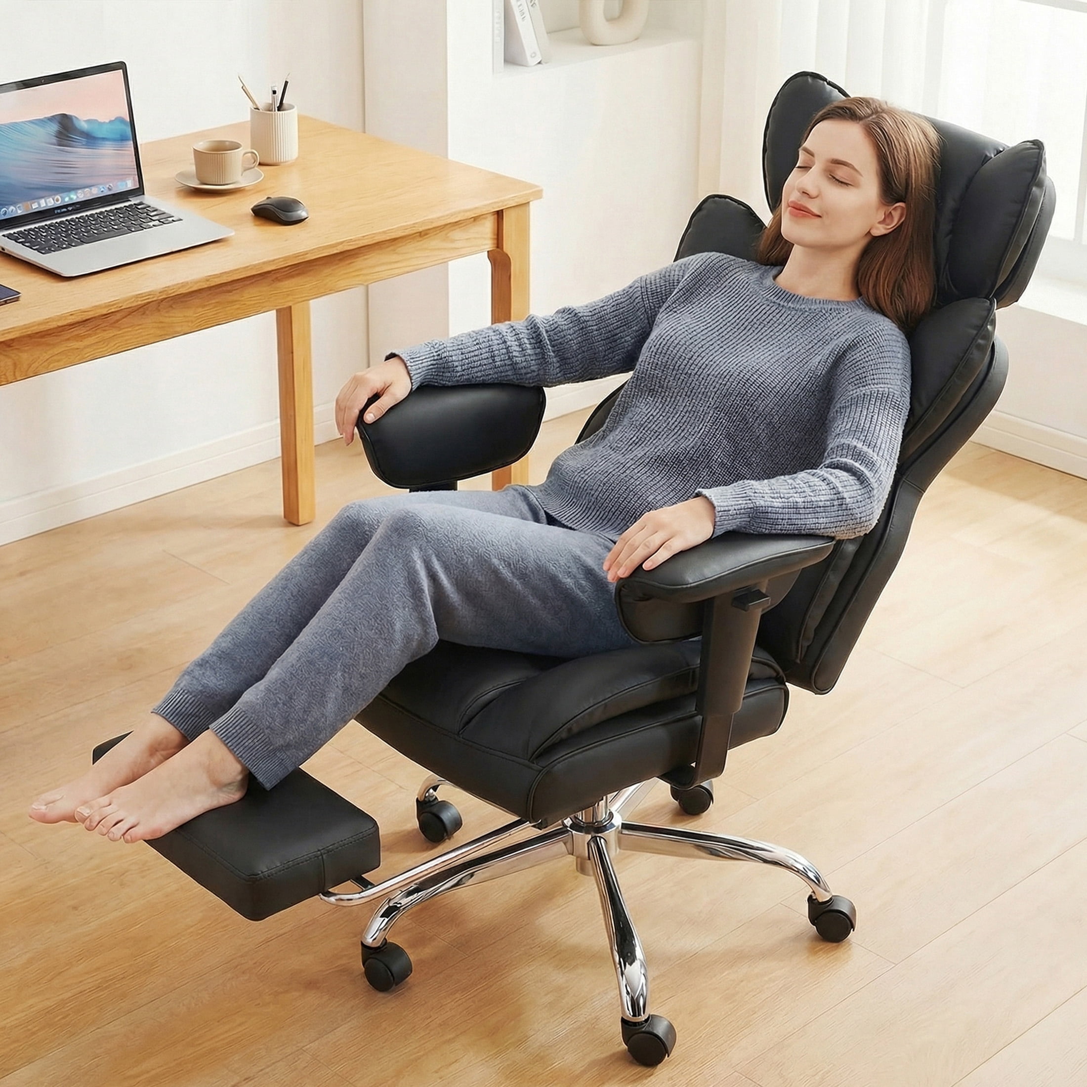 EDX Big and Tall Home Office Chair with Adjustable Armrests and Footrest,PU Leather Excutive Computer Chair with Wide Seat,Desk Chair with Ergonomic Lumbar Support,Black