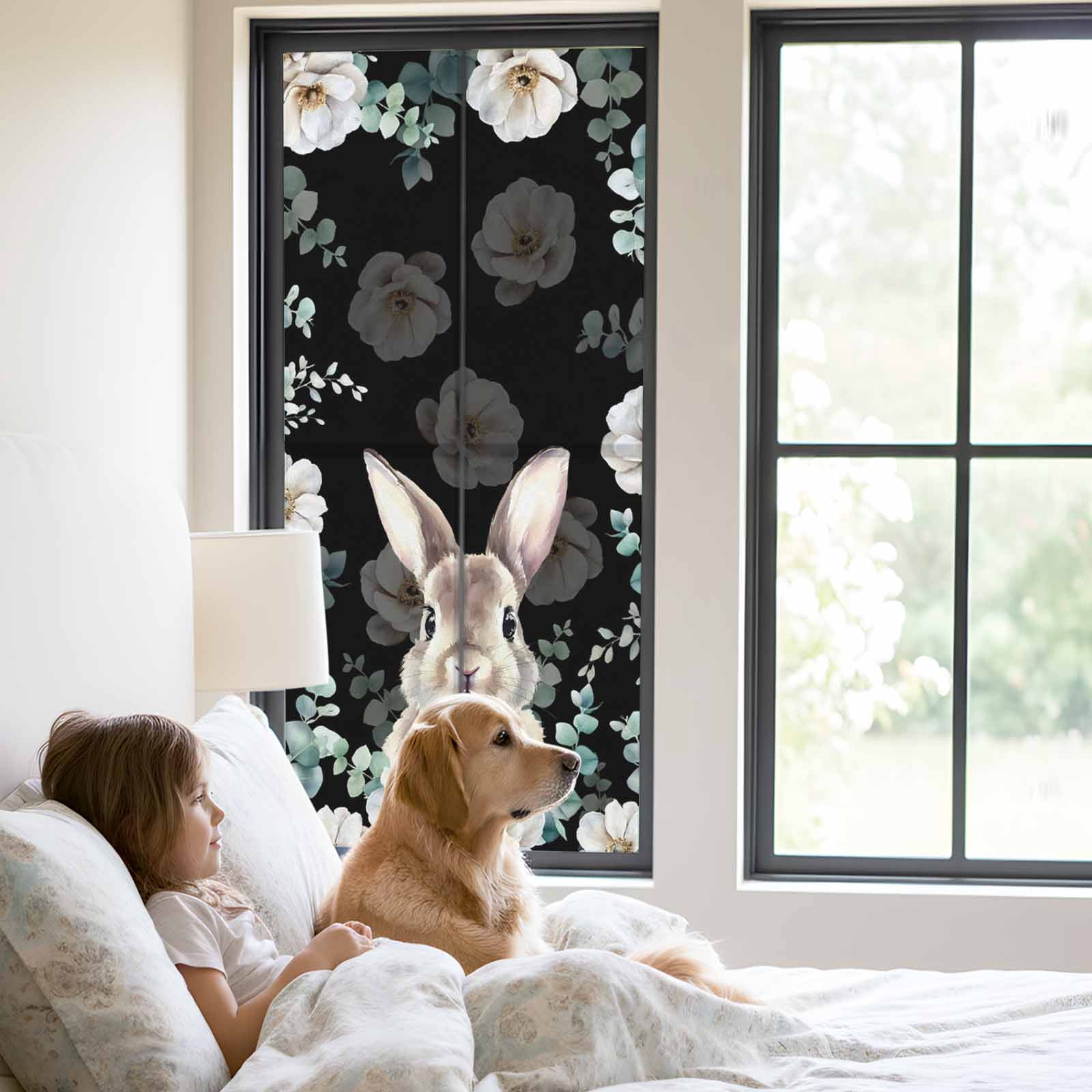 Easter Rabbit Window Privacy Film, Watercolor Bunny White Floral Leaf Black Background Frosted Glass Window Clings Static Cling UV Heat Blocking Reusable Door Sticker for Bathroom 23.6 x 59 Inch