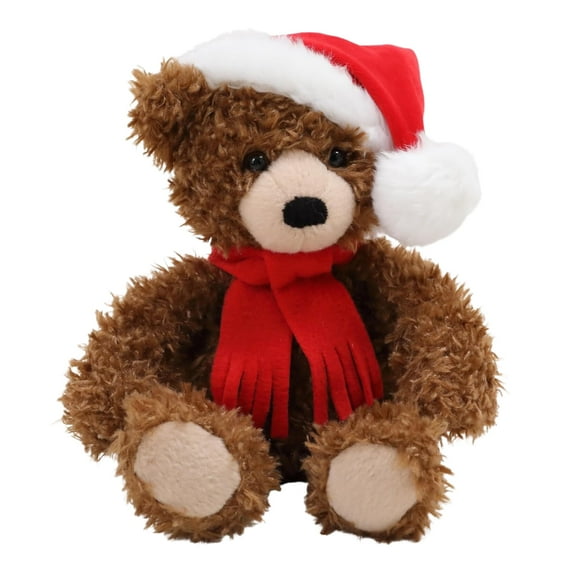 Made By Aliens Christmas Junior Teddy Bear Stuffed Animal - Adorable Xmas Plush Toy with Hat and Scarf - Soft and Cuddly Winter Companion for Kids and Seniors - 10 inch (Mocha)