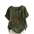 thumbnail image 3 of Feancey Linen Short Sleeve Tops for Women Plus Size Casual Boho Printed T-Shirts Loose Fit Crewneck Tees Ladies Vintage Peasant Blouse Army Green L, 3 of 5