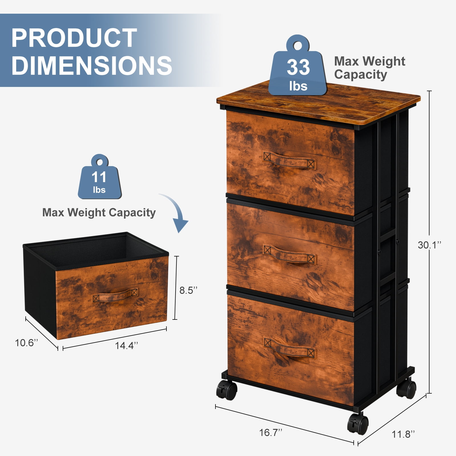edx Rolling Nightstand with Wheels, 3 Drawer Fabric Storage for Bedroom, Entryway, Closets, Office, Rust Brown