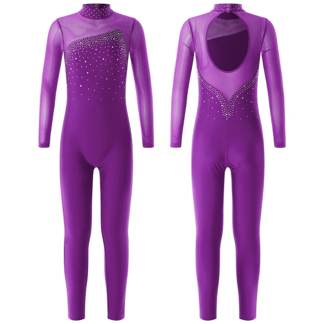 TiaoBug Girls Ice Skating Jumpsuit Rhinestone Mock Neck Competition Figure Skating Dancewear Purple 10