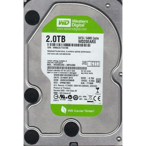 WD20EARX-00PASB0, DCM HHRCHV2MHB, Western Digital 2TB SATA 3.5 Hard Drive