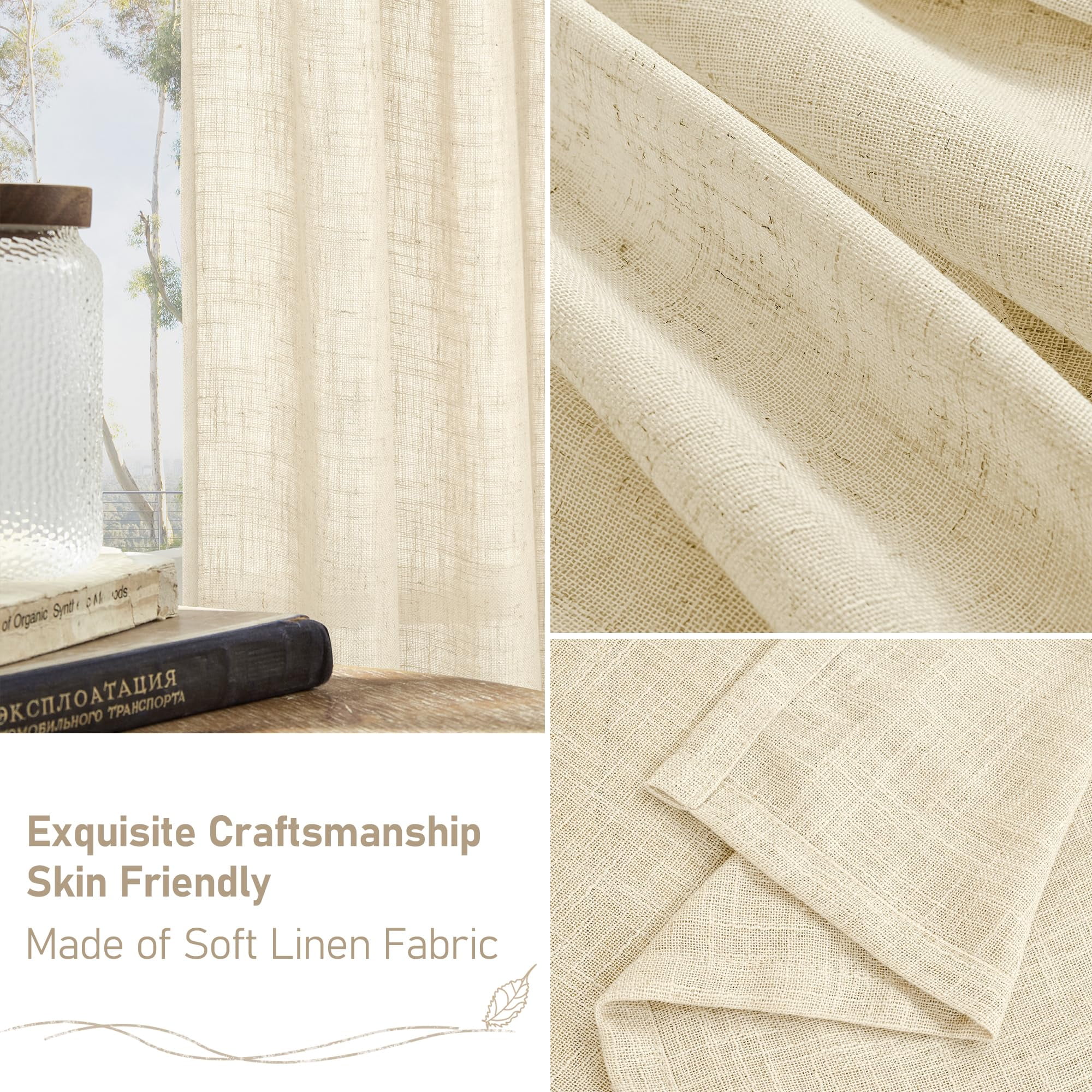 Sheer Linen Curtains 84 Inches Long Light Filtering Boho Window Treatments Semi Sheer Neutral Drapes with Bronze Grommet for Living Room and Bedroom 2 Panels Set
