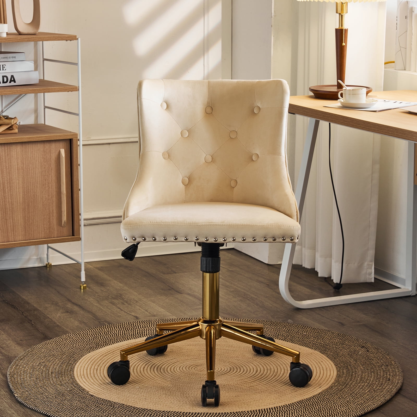 UBesGoo Armless Office Chair Flannel Computer Task Chair Adjustable Swivel Vanity Chair with Ergonomic Backrests and Wheels for Conference and Home Beige & Gold