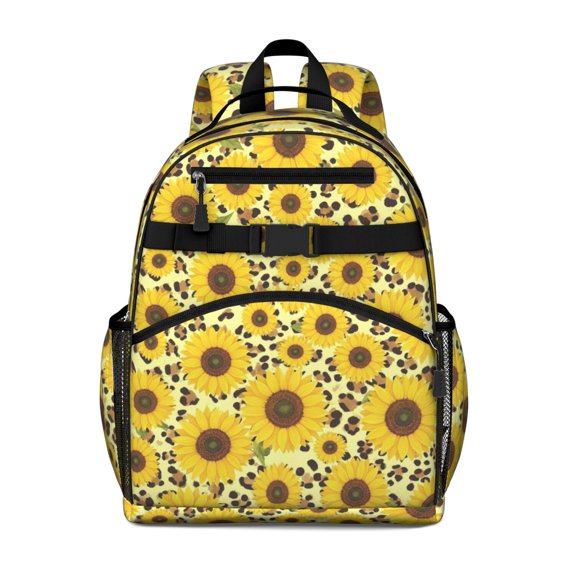 Sunflower and Leopard Yellow Pattern Cute School Backpack Bag for School with Padded Back and Adjustable Shoulder Straps 15.25"x11.5"x5.25"
