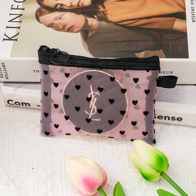 Bolsa de maquillaje de malla con forma de corazón para niñas, portátil, de gran capacidad, transpirable, para guardar pintalabios