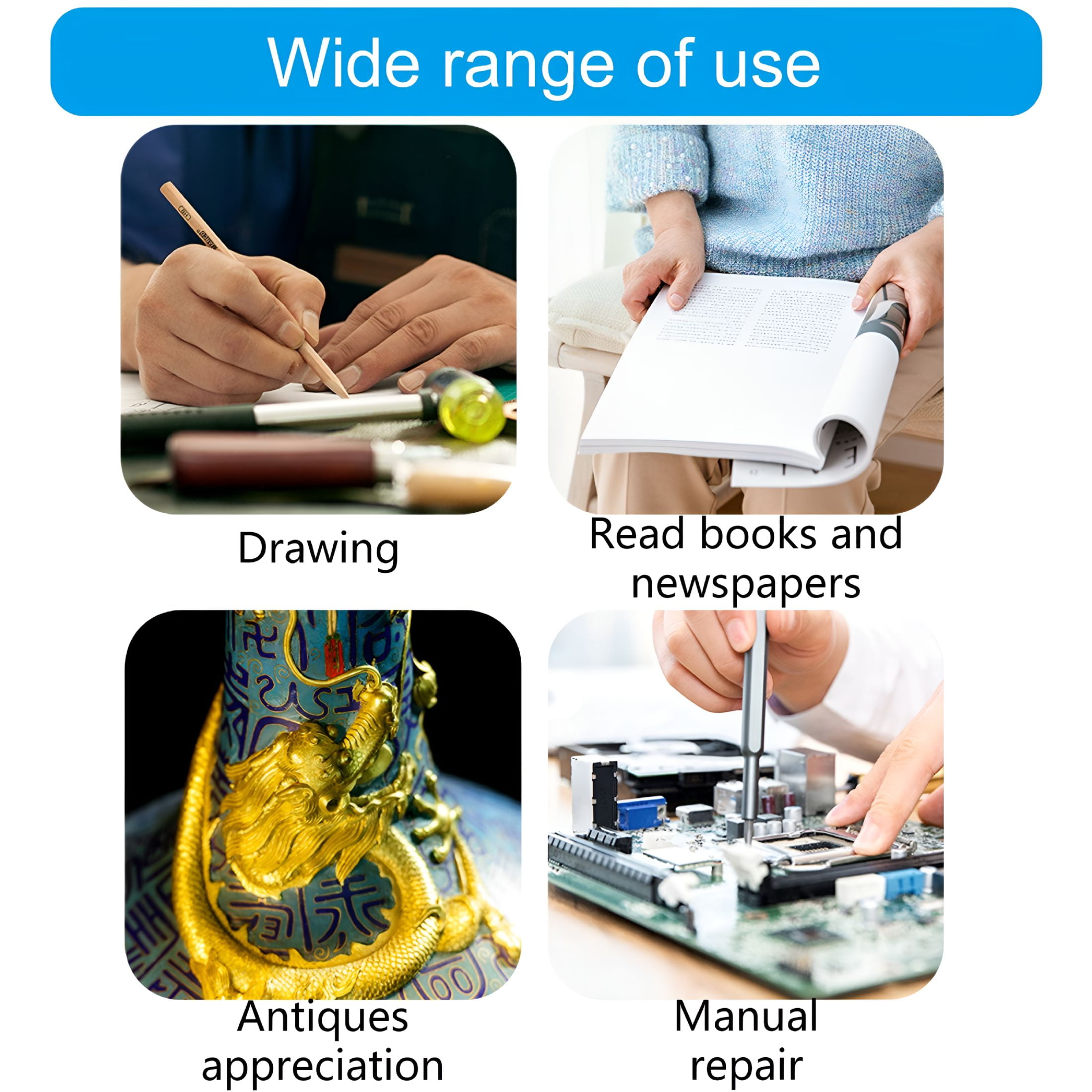 GJX Easy Carry Magnification Tool with Light Neck Wearable Glass Rechargeable Magnifier Glass for Senior Reading Needs Magnifying Glass with Light