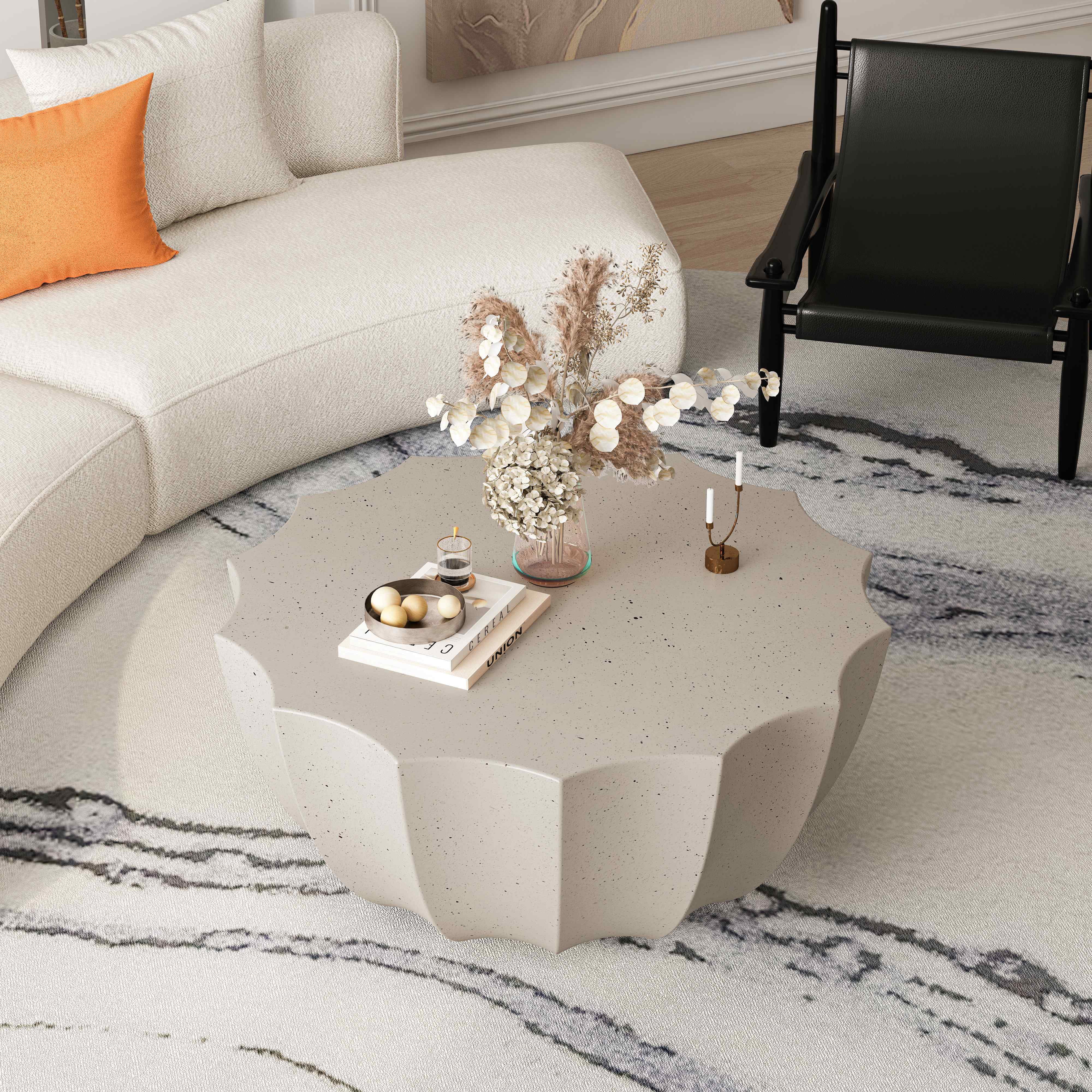 FFH 35.43" Coffee Table for Indoor & Outdoor, Modern Cement Table for Living Room, Patio, Backyards, White
