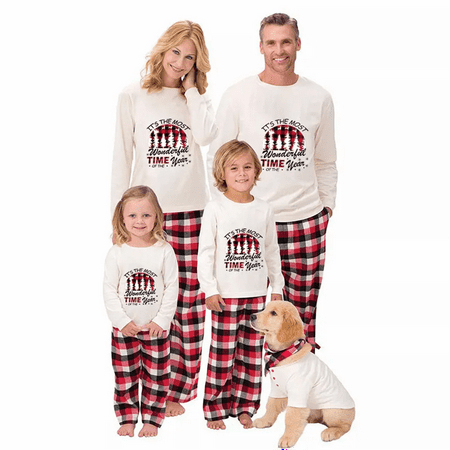 

ROAONOCOMO Matching Family Pajamas Sets Christmas PJ s Letter Print Top and Plaid Pants Jammies Sleepwear