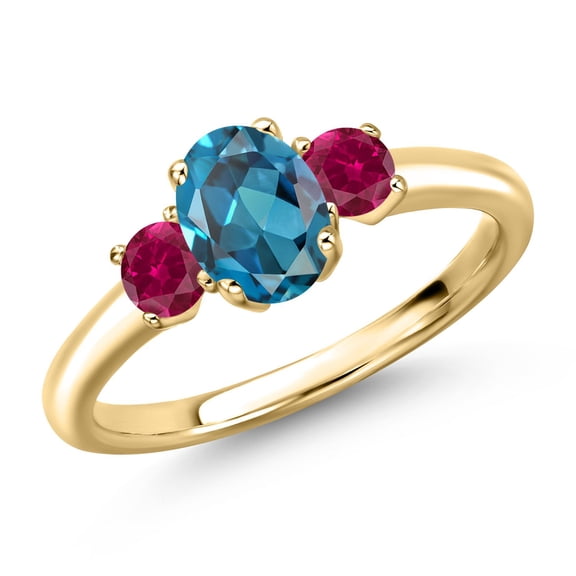 Gem Stone King 10K Yellow Gold London Blue Topaz and Red Created Ruby Engagement Ring for Women | 1.50 Cttw | Oval 7X5MM | Gemstone November Birthstone | Size 5