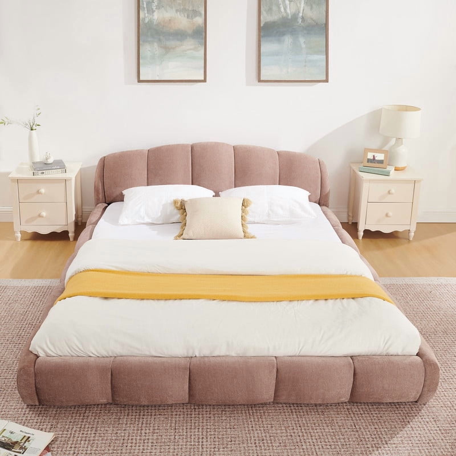 Queen/King Size Upholstered Platform Bed Frame, No Box Spring Required Low Profile Floor Bed with Padded Headboard & Footboard