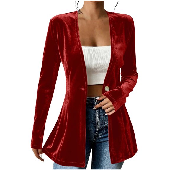 vdgthytj Blazer for Women Long Sleeve Open Front Button Cardigan Slim Fitted Ruffle Business Casual Work Corduroy Long Outwear(X-Large,Red1)