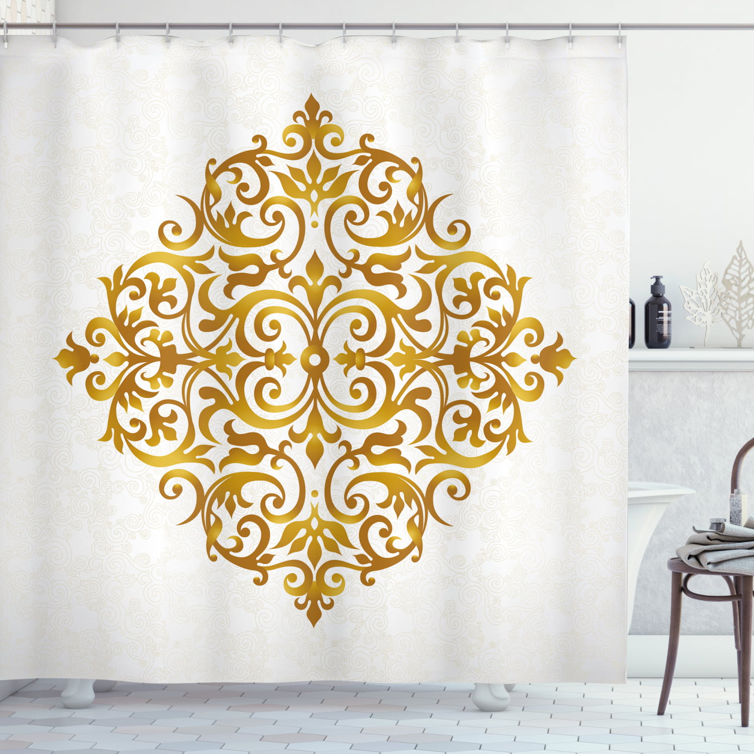 Golden Mandala Pattern Flower 100% Polyester Fabric Shower Curtain Bathroom Set 