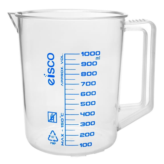 Measuring Jug, 1000ml - TPX Plastic - Printed Graduations - Chemical Resistant, Autoclavable - Short Form - Handle with Thumb Grip - Eisco Labs