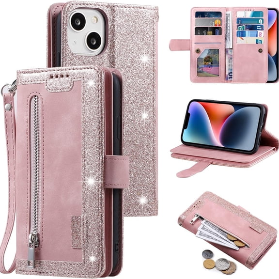 TECH CIRCLE for iPhone 14 Leather Wallet Case 9 Card Holder Slots Zipper Pocket Handbag Cover Magnetic Closure Kickstand with Wrist Strap TPU Shockproof Flip Cover for Women,Rosegold