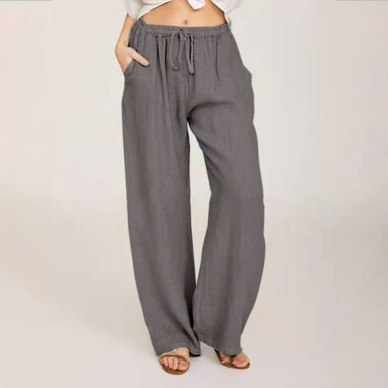 Womens Casual Pants Cotton Linen Straight Leg Drawstring Elastic High Waist  Trousers Loose Comfy Pants with Pockets Gray : : Clothing, Shoes &  Accessories