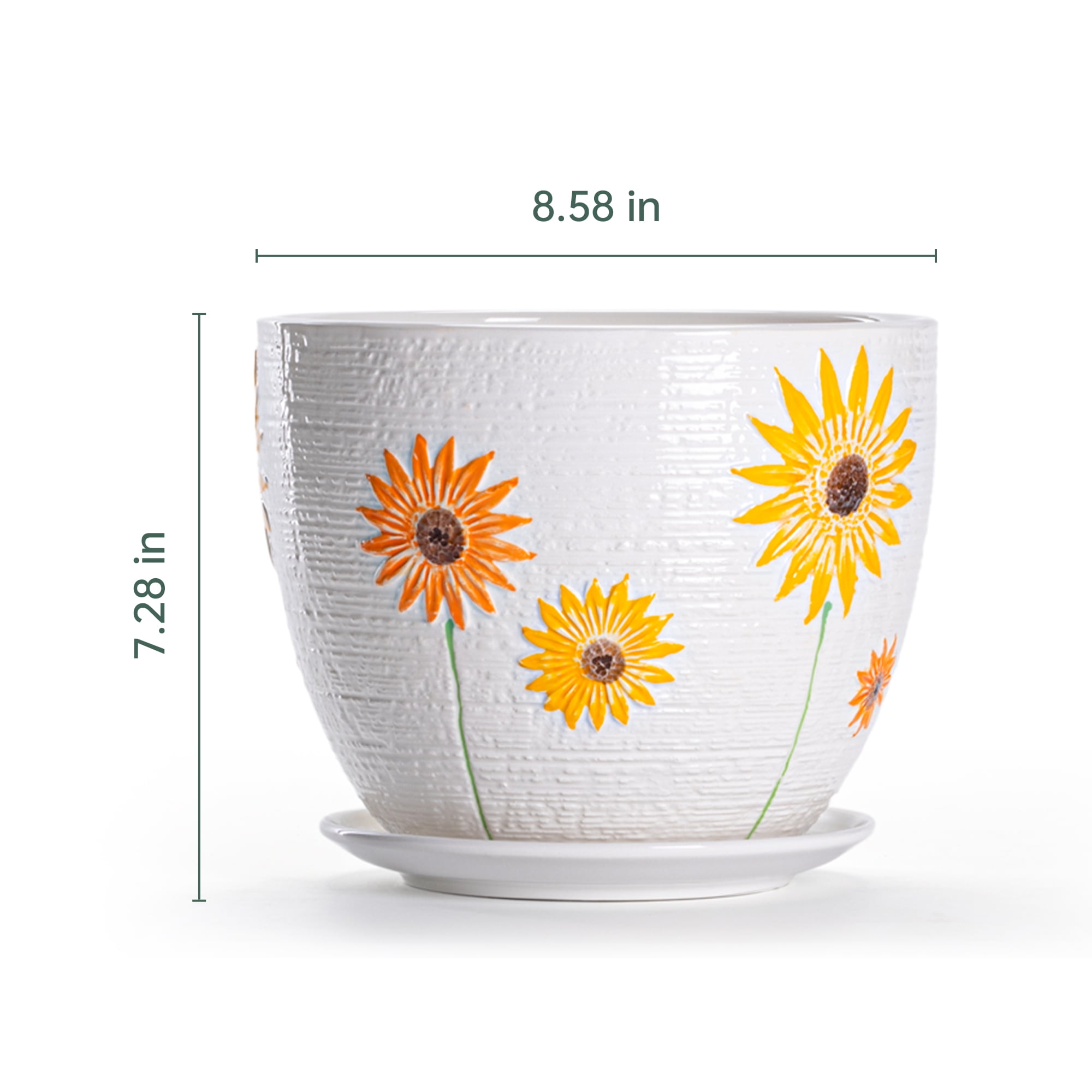 8 Inch Plant Pot, Sunflower Ceramic Planter with Drainage Holes and Saucers for Plants Indoor and Outdoor Flower Pot