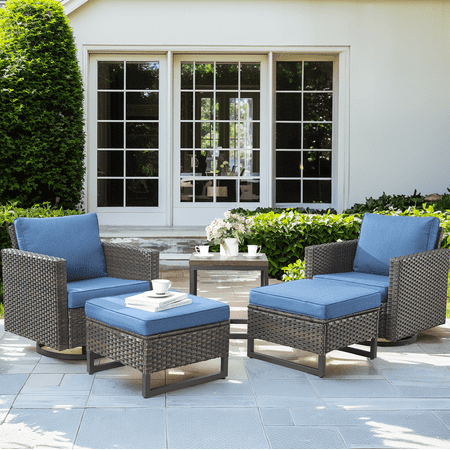 Gymojoy 5-Piece High Back Outdoor Furniture Set Patio Swivel Rocking Chairs & Ottomans & Side Table Deep Seating PE Wicker Conversation Set for Yard Deck Poolside