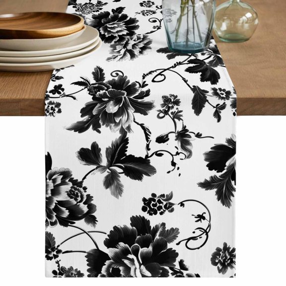 Table Runners 36 Inches Long Dress Scarves, Black Floral Farmhouse Kitchen/Dining Table Decor Table Runner, Short Coffee Tablerunners, Country Retro Flowers Botanical Retro Art 13x36 Inch
