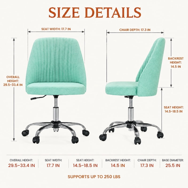 BEAUTYPEAK Armless Vanity Chair Adjustable Swivel Fabric Desk Chair with Padded Seat Wheels Mid-Back Office Chair, Mint