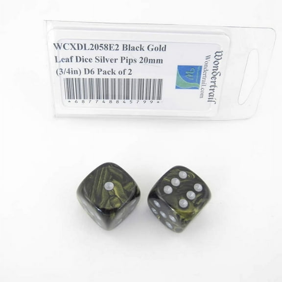 Black Gold Leaf Dice with Silver Pips 20mm (3/4in) D6 Pack of 2 Wondertrail