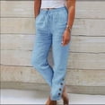 thumbnail image 2 of Kopltyrfg Linen Pants Women Drawstring Elastic Waist Casual Trousers Solid Straight Leg Ankle Length Cropped Pants with Pockets Blue M, 2 of 4