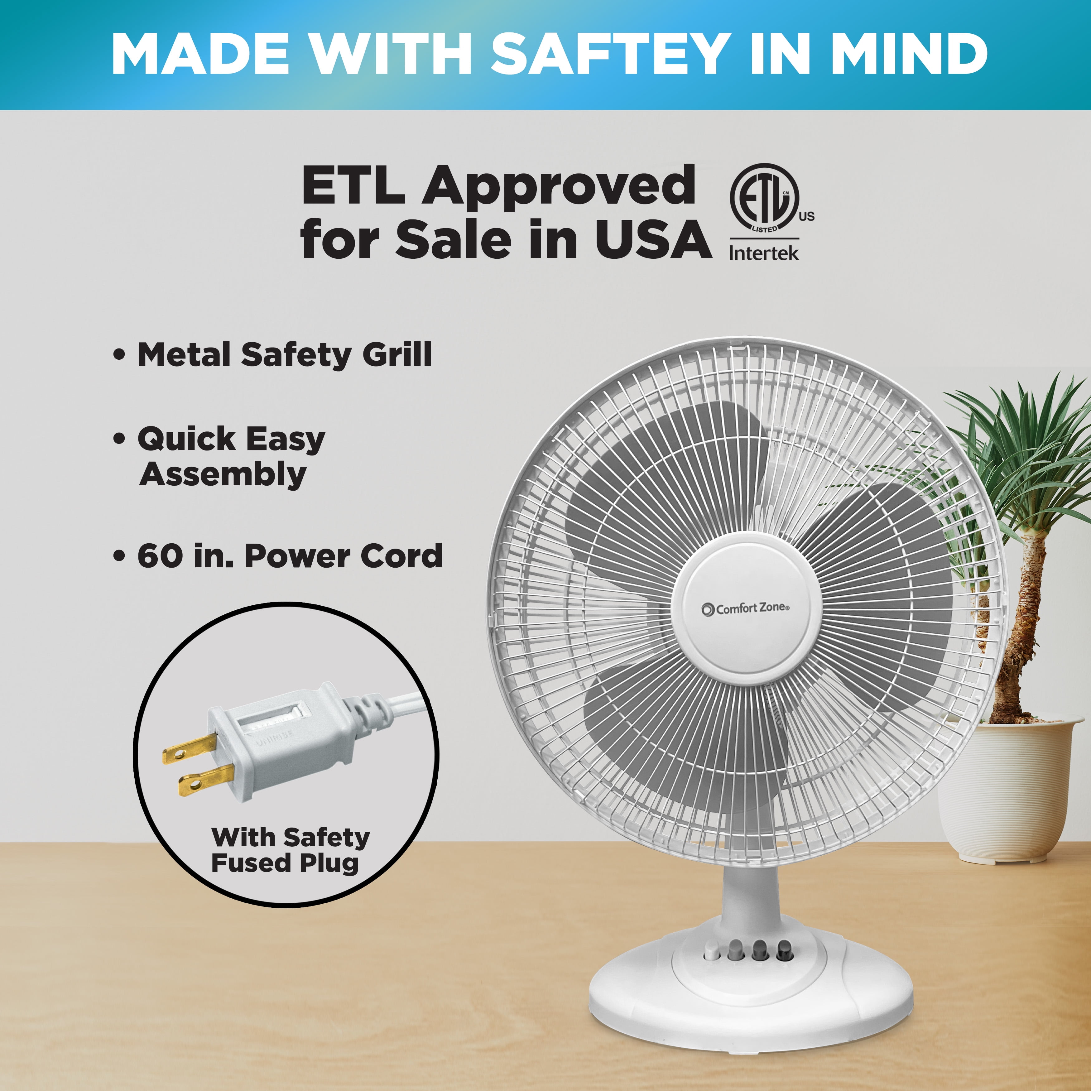 Comfort Zone 16" Oscillating Table Fan with Adjustable Tilt, White