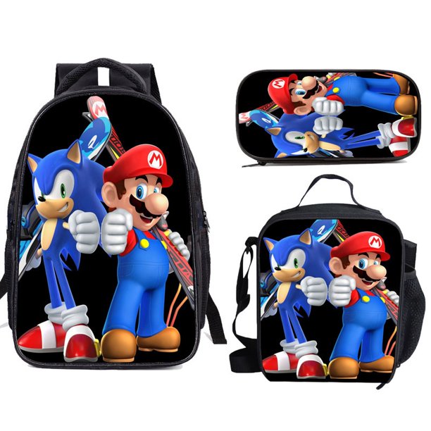 【en stock】Sonic Hedgehog Cartoon Schoolbag Set Anime Mochila + Crossbody Bag + Estuche Para Lápices