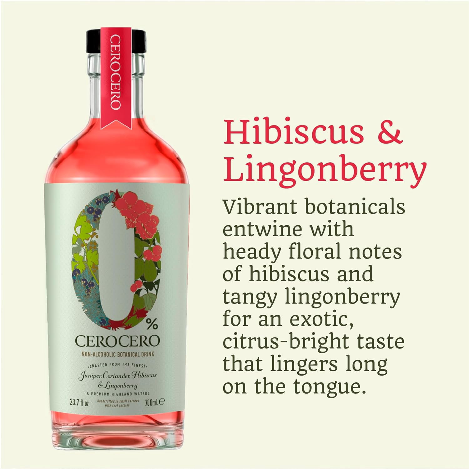 CeroCero Hibiscus and Lingonberry Non Alcoholic Gin, Floral and Tangy Premium Non Alcoholic Spirits - Halal, Low Sugar, Vegan and Gluten-Free, Part of the Spirits of Virtue Range 700ml