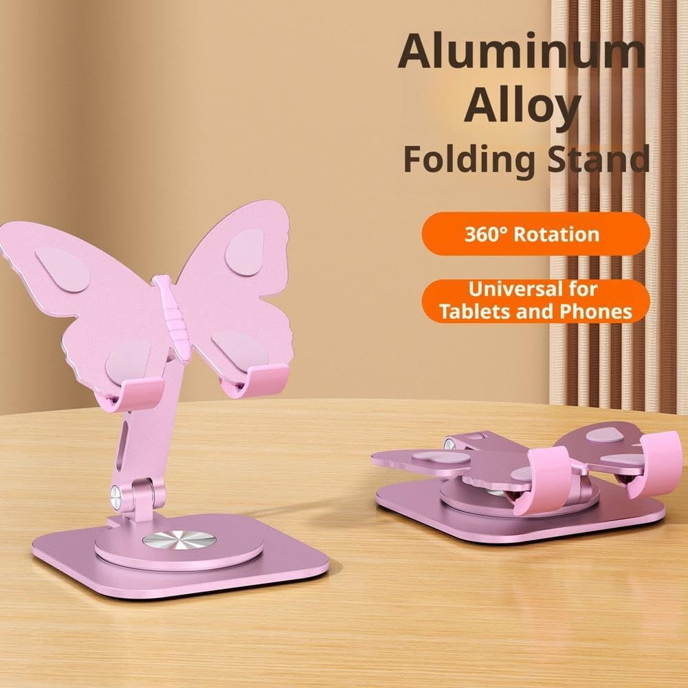 Butterfly Aluminum Alloy Cell Phone Stand, 360° Rotating Adjustable Desktop Cradle, Foldable Tablet Holder for Office Desk, Home and Travel (k)
