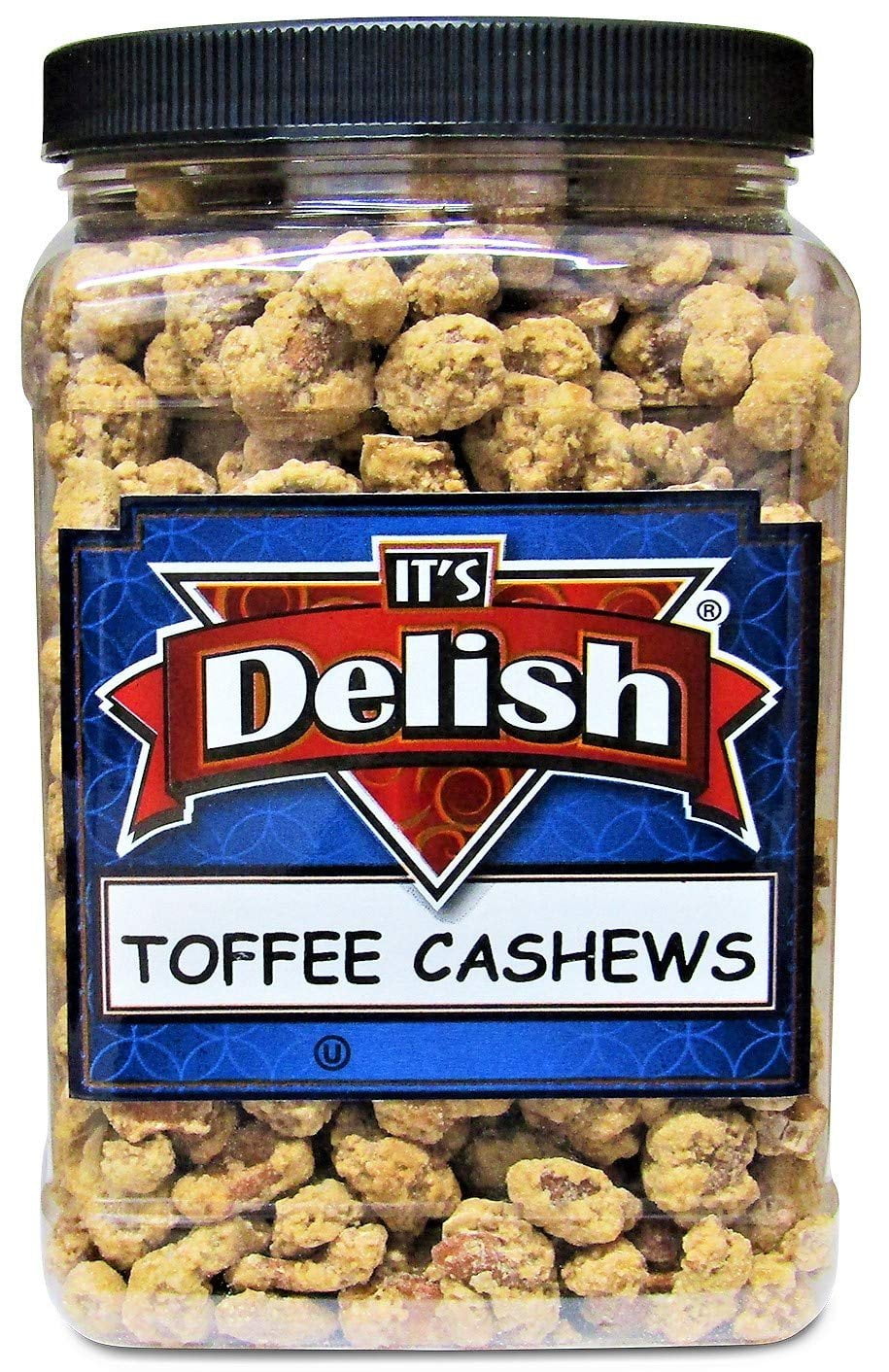 Gourmet Toffee Coated Cashews by Its Delish - 2.3 LBS Jumbo Reusable Container Jar - Sweet Crunchy Caramelized Cashew Nuts Snack