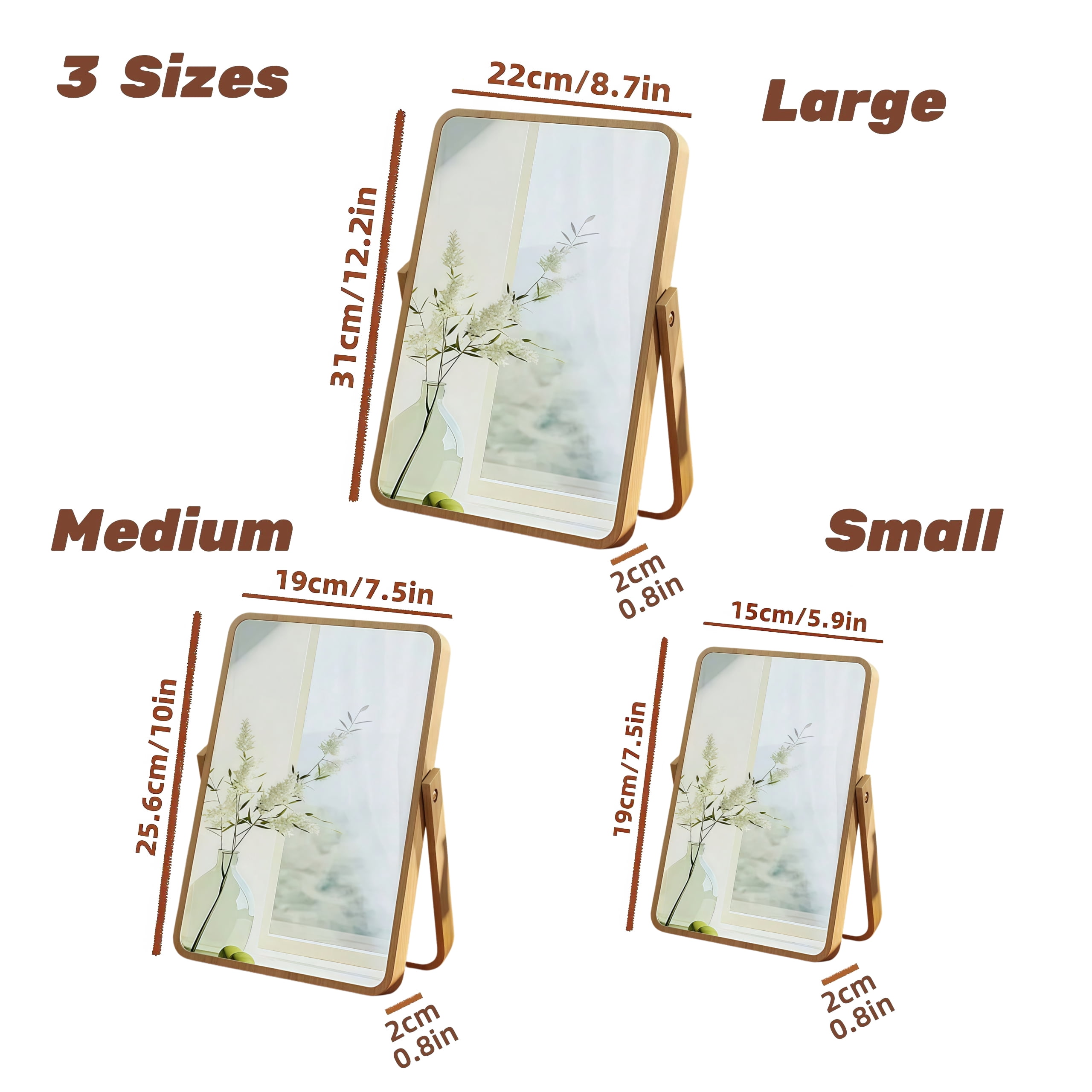 Natural Bamboo Mirror Vintage Wood Table Vanity Makeup Mirror Rectangle Standing 360 Degree Rotation Desk Mirror Decor for Living Room, Bedroom, Entryway
