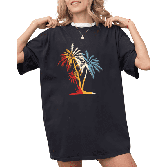 UNISHE Women's Retro Multicolor Palm Tree Tropical Beach Graphic Black Holiday Short Sleeve T-Shirt Crewneck S-5XL Top