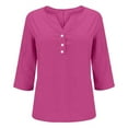 thumbnail image 4 of Txenfivo Henley T-Shirt for Women Linenn Shirts 3/4 Length Sleeve Solid Color Front Button Minimalist Blouse, Casual for Daily Wear V Neck Summer Tops for Women, Hot Pink, S-3XL, 4 of 9
