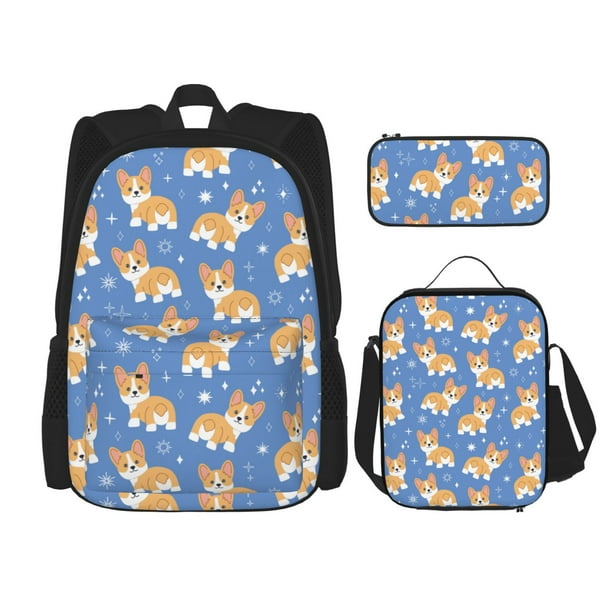 Disketp Corgi Mochila Estampada de Gran Capacidad con Lonchera y Estuche, Set de 3 Piezas para Estudiantes