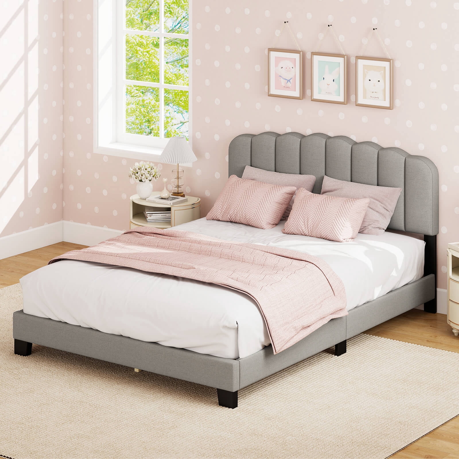 Costway Queen Size Bed Frame Linen Upholstered Platform Bed with Wooden Slat Support