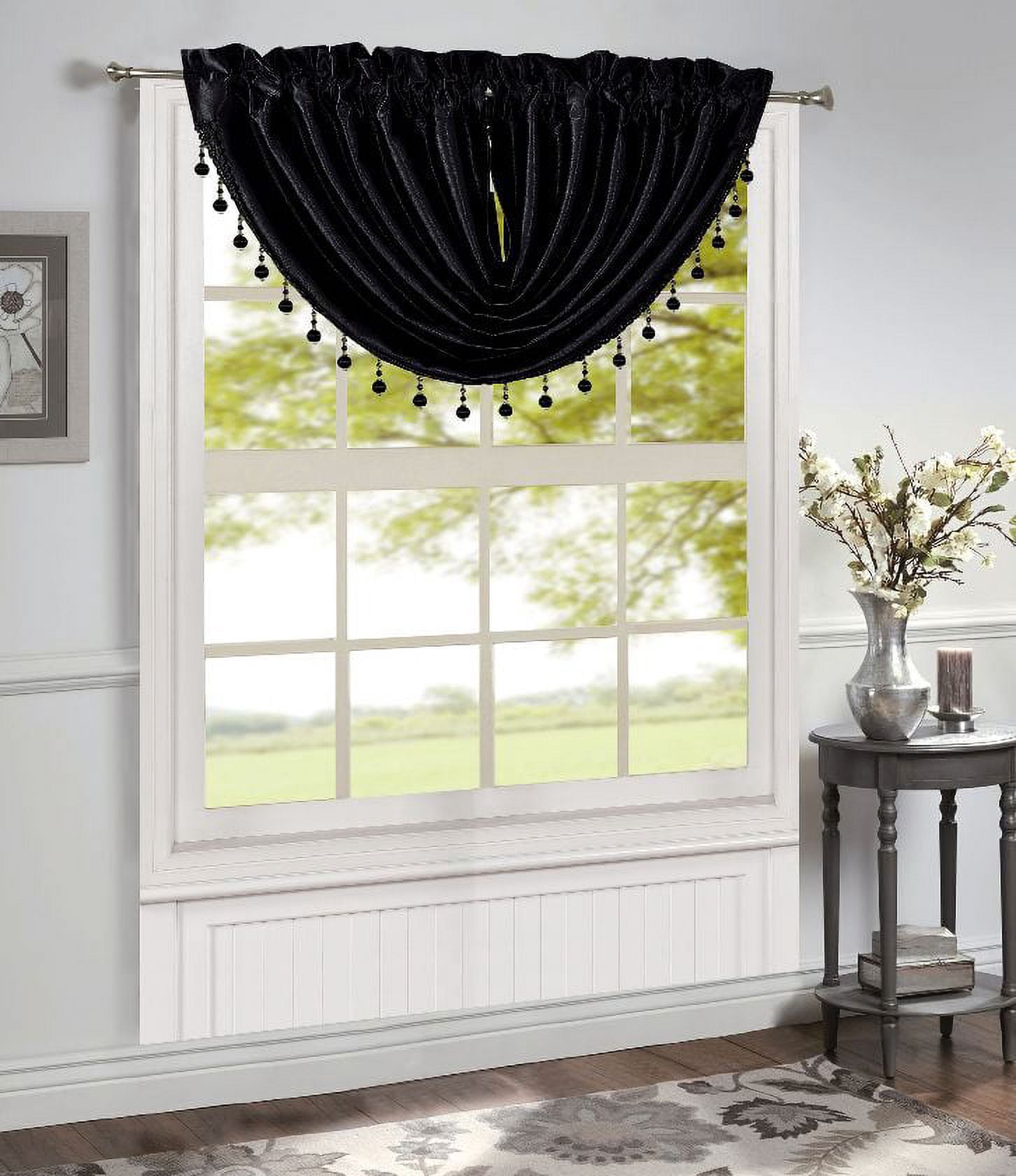 Luxury Home Textiles Bridget 5 Piece Crushed Satin Curtain Set with Beaded Austrian Valances, 84" Long (Black)