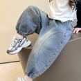 thumbnail image 5 of MEZZALL Child Pants Stylish Girls Distressed Blue Solid Color Denim Pants Loose Fit Patchwork Cargo Jeans Casual High Waist Wide Leg Summer Trousers For Girls Autumn Fashion Trendy Bottoms, 5 of 9