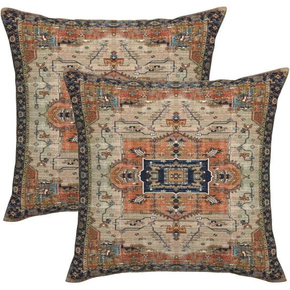 Terracotta Boho Pillow Covers 18x18 Inch Aztec Floral Carpet Pattern Throw Pillows Cover Set of 2 Orange Blue Linen Decorative Pillow Cases Farmhouse Cushion Cover for Outdoor Bedroom Couch Sofa Decor