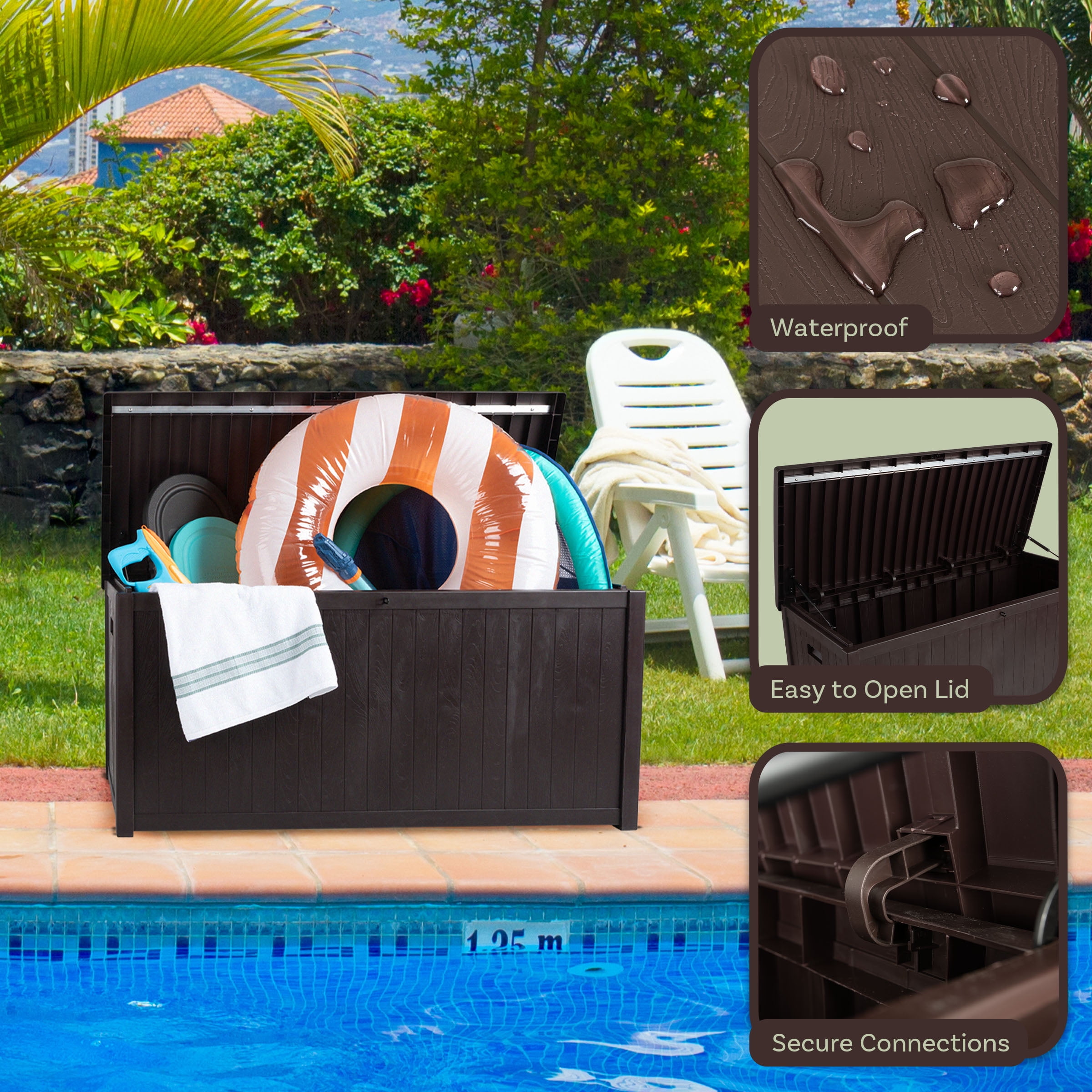 Pure Garden 113-Gallon Outdoor Storage Box - Durable Resin Deck Box, Brown