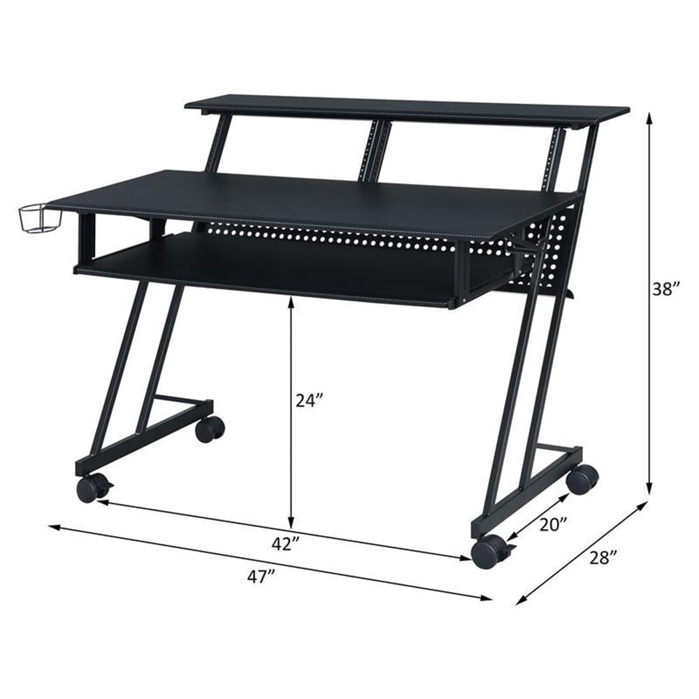 Pemberly Row 1-Shelf Music Recording Studio Desk in Black with 1 Keyboard Tray, 4 Caster Wheels, 1 Cup Holder, 47"L x 27"W x 38"H