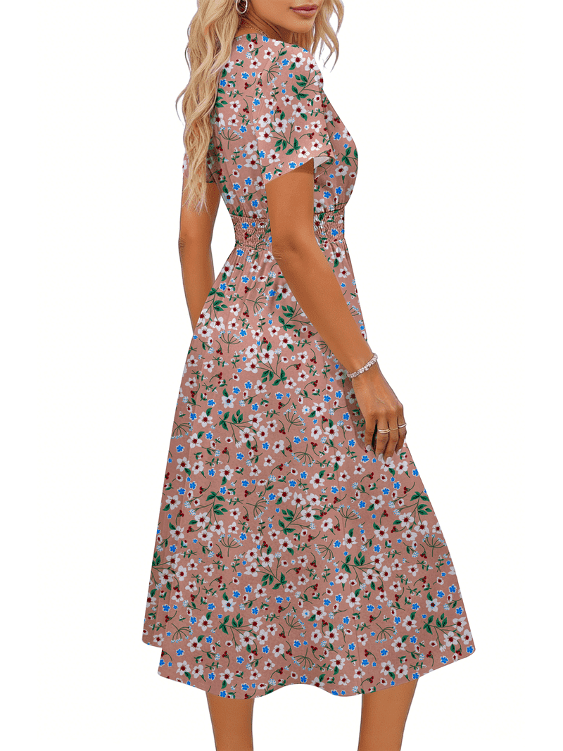 summer dresses short sleeve midi Uvn Women Summer Dresses Short Sleeve V Neck A-Line Midi Dress Ladies Boho Beach Floral Print Sundress, Women's, Size: XL, Pink