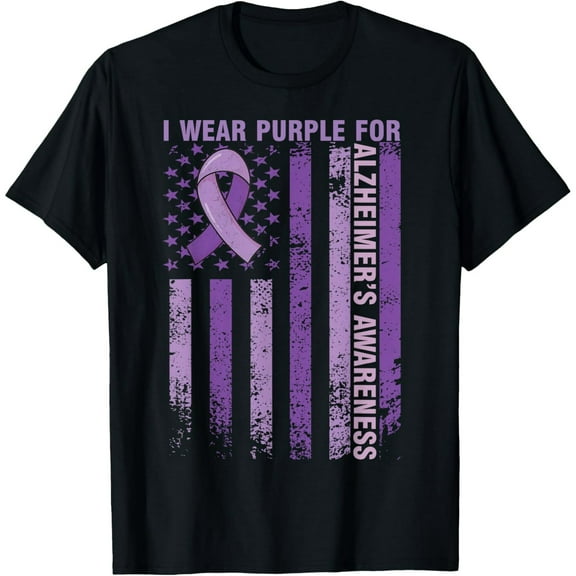 I Wear Purple For Alzheimer's Awareness American Flag T-Shirt