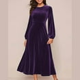 thumbnail image 2 of Oksale Maxi Velvet Dresses for Women Elegant Flowy A Line Dress Puffle Sleeve Dresses Casual Crewneck Dresses Solid Color Formal Dress Purple L, 2 of 7