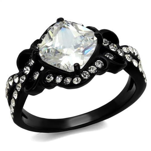 Women IP Black Stainless Steel Ring with AAA Grade CZ in Clear - Size 7